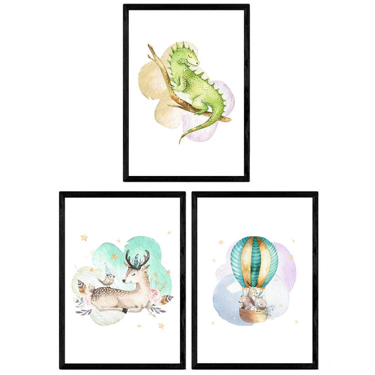 Pack de Tres láminas con Ilustraciones de Animales. Ciervo camaleon y Globo.-Artwork-Nacnic-Nacnic Estudio SL