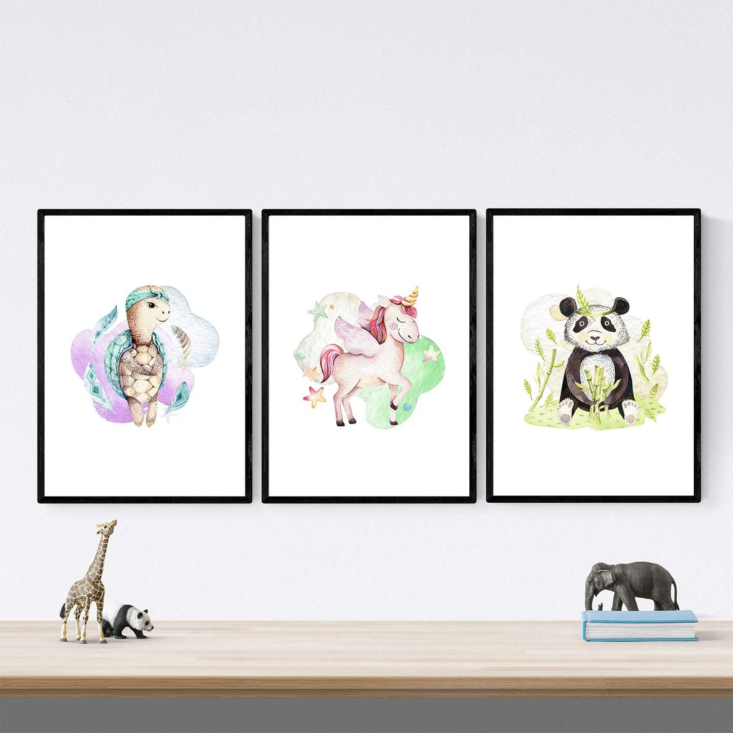 Pack de Tres láminas con Ilustraciones de Animales. Oso Panda Unicornio y Tortuga.-Artwork-Nacnic-Nacnic Estudio SL