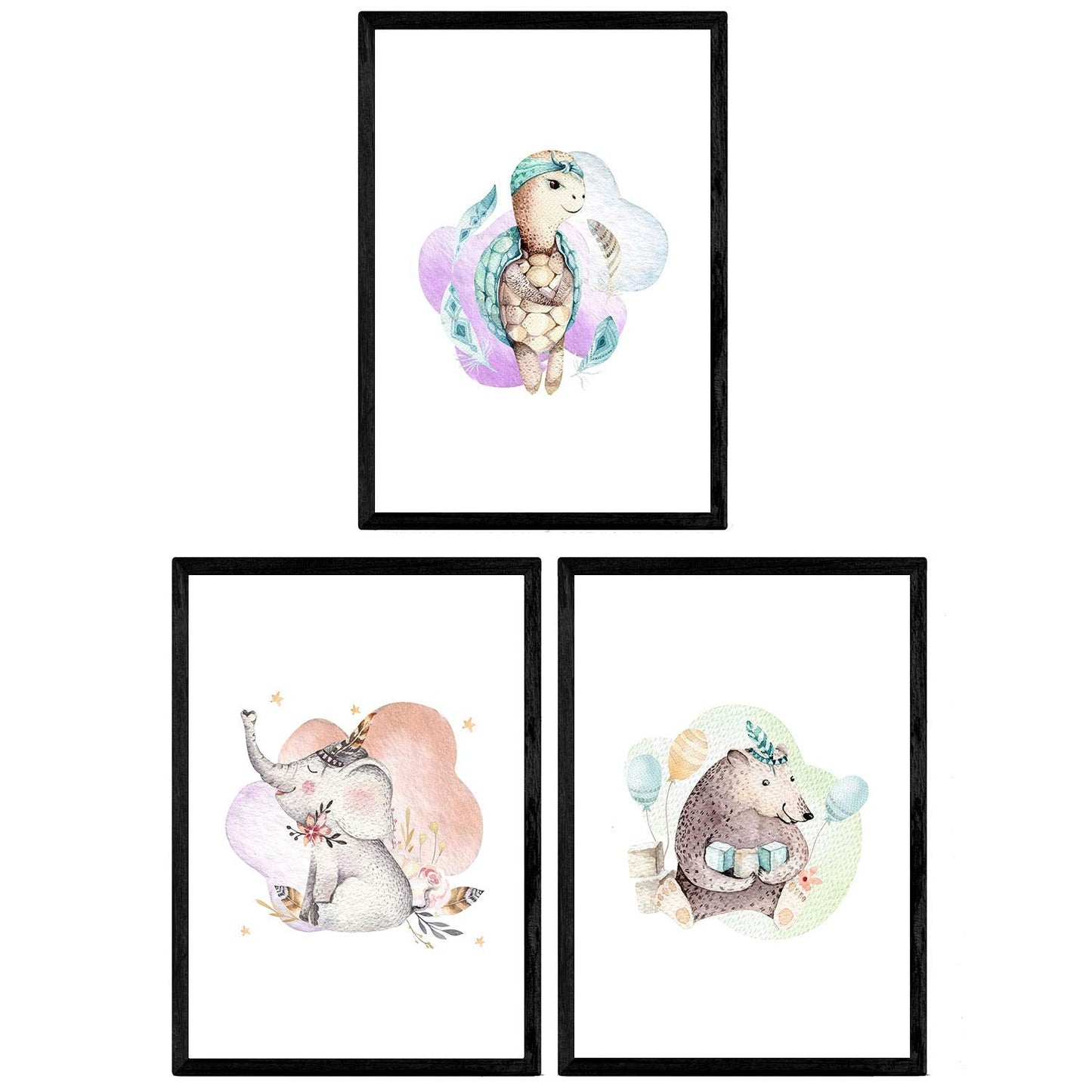 Pack de Tres láminas con Ilustraciones de Animales. Tortuga elefamnte y Oso.-Artwork-Nacnic-Nacnic Estudio SL