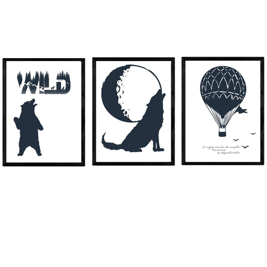Pack de Tres Posters con imagenes de Globo aeroestático, Oso, y Lobo con Luna.-Artwork-Nacnic-Nacnic Estudio SL