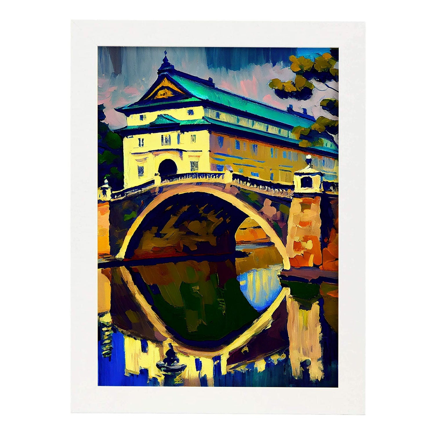 Palacio imperial nacnico Tokio Japón Pintura al óleo de pincel. Estampados de arte de pared estético para el diseño de dormitorio o sala de estar.-Artwork-Nacnic-A4-Marco Blanco-Nacnic Estudio SL