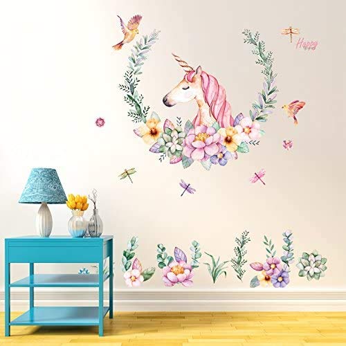 Pegatinas de pared con diseño de Unicornio Floral con Mariposas y Libélulas. Decoración para el Hogar en tonos pastel.-Nacnic-Nacnic Estudio SL