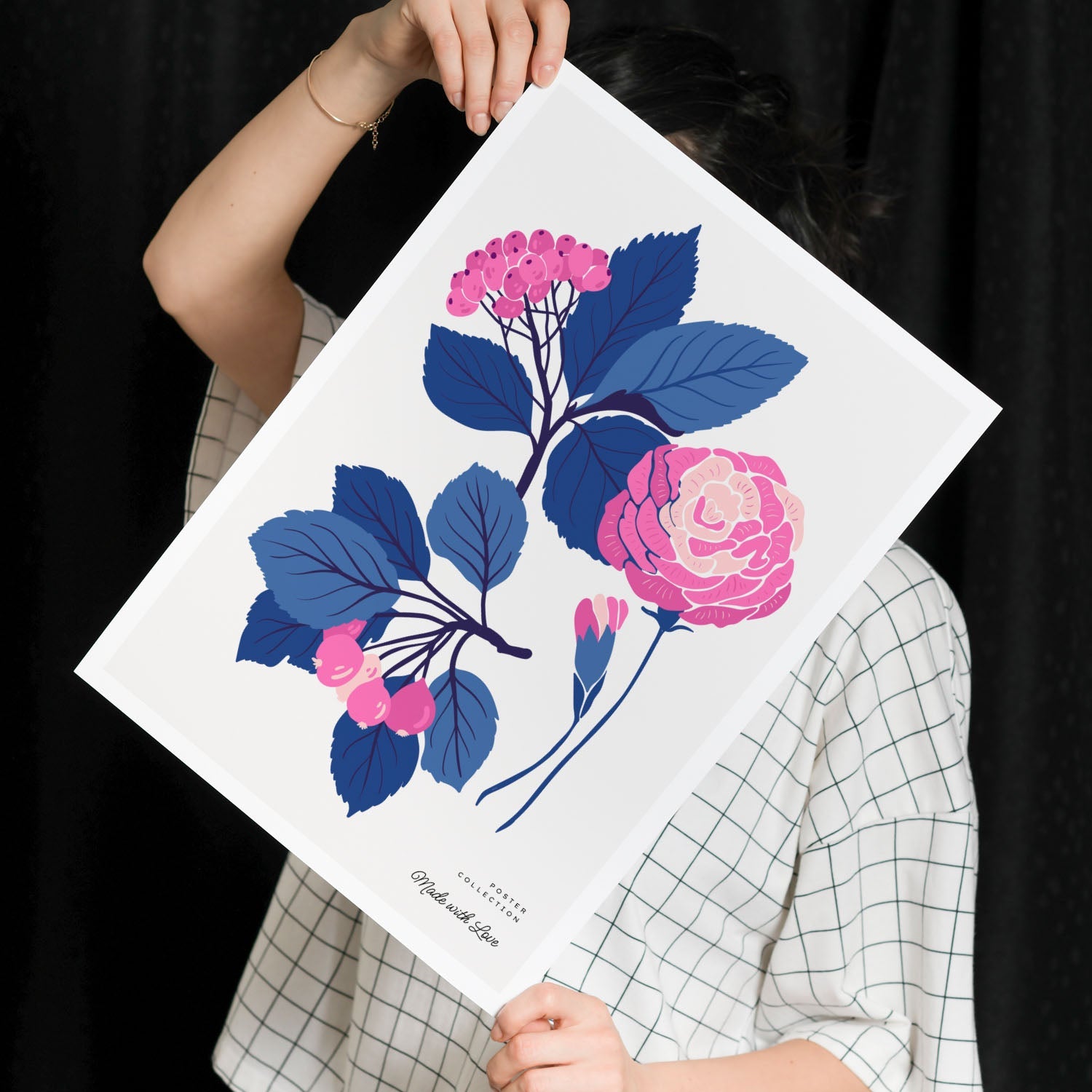 Pink Flowers Blue Leaves-Artwork-Nacnic-Nacnic Estudio SL