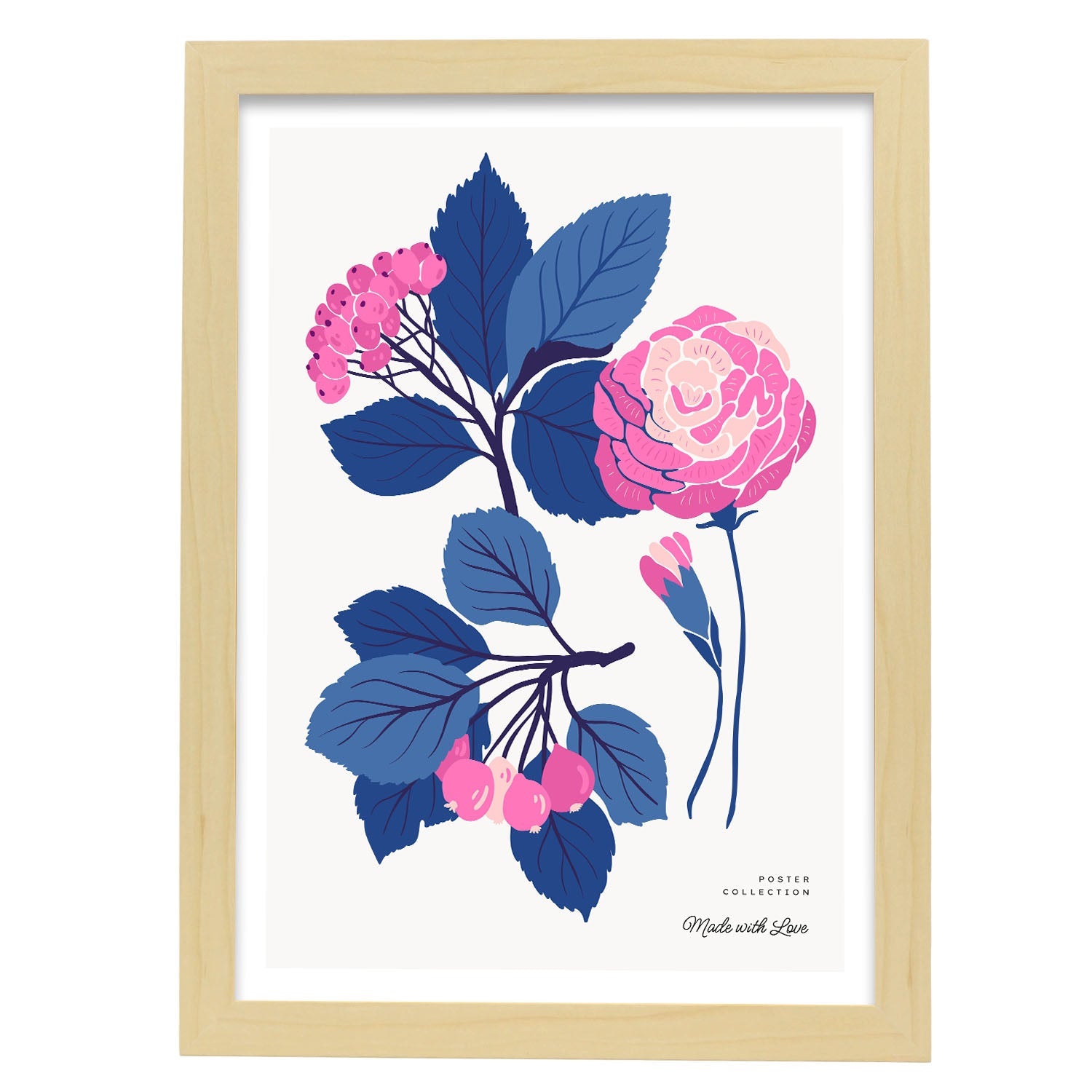 Pink Flowers Blue Leaves-Artwork-Nacnic-A3-Marco Madera clara-Nacnic Estudio SL