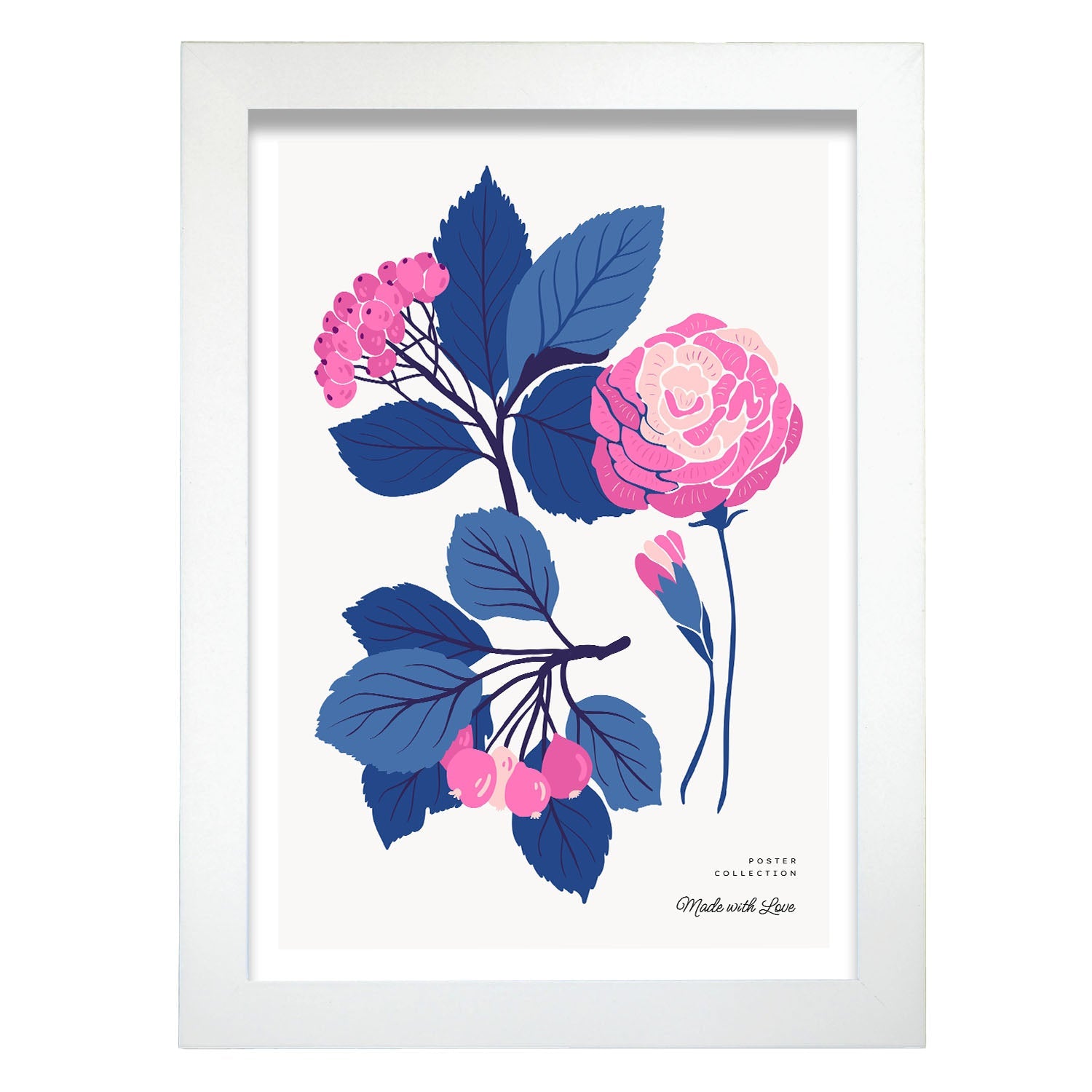 Pink Flowers Blue Leaves-Artwork-Nacnic-A4-Marco Blanco-Nacnic Estudio SL