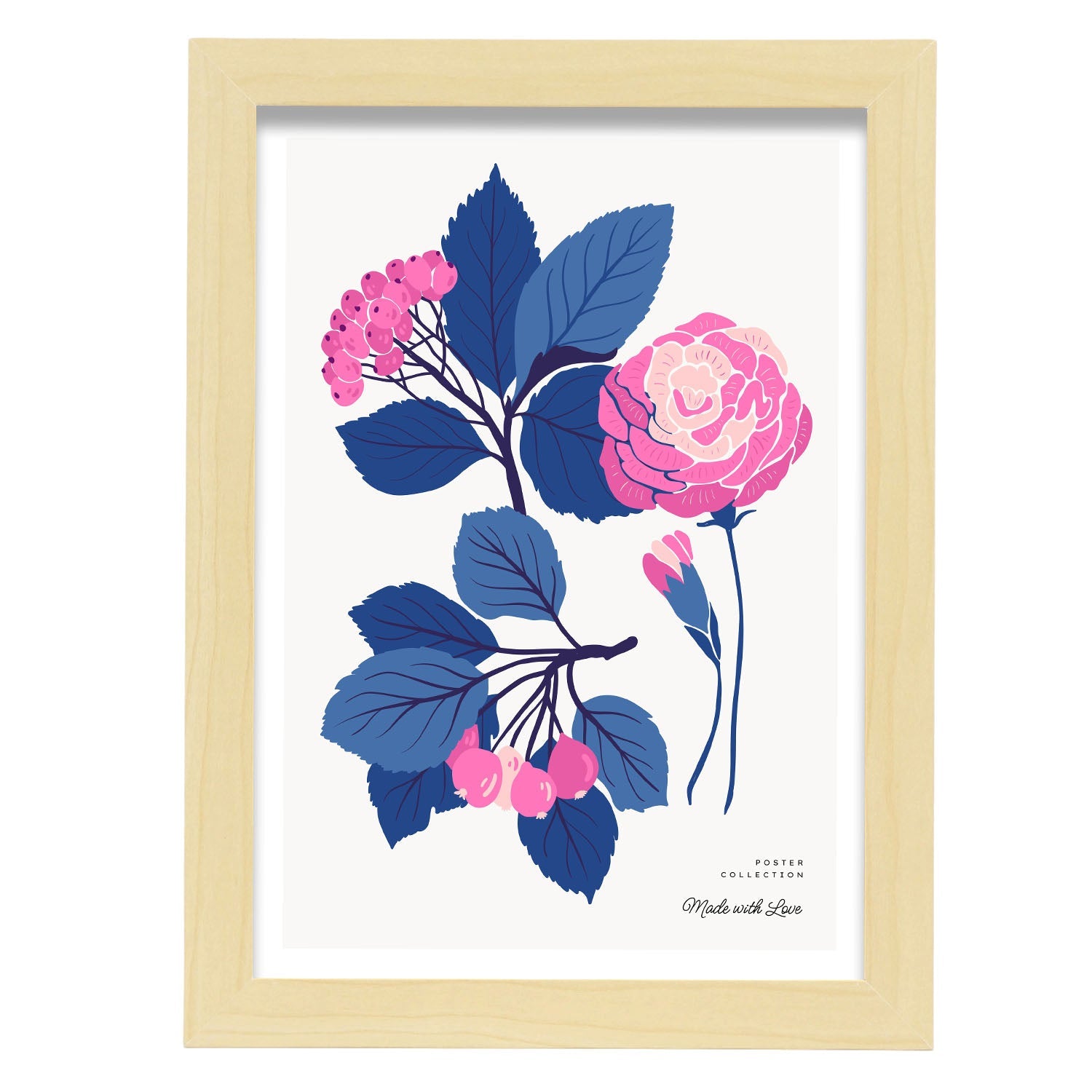 Pink Flowers Blue Leaves-Artwork-Nacnic-A4-Marco Madera clara-Nacnic Estudio SL