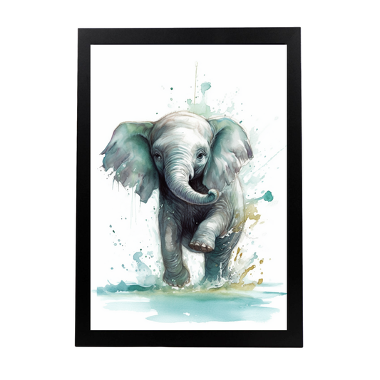 Póster de Elefante Bebé Jugando en el Agua