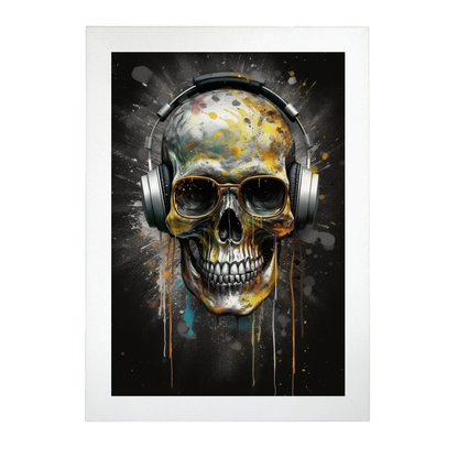 Lámina: Calavera Plateada y Dorada con Auriculares y Gafas de Sol