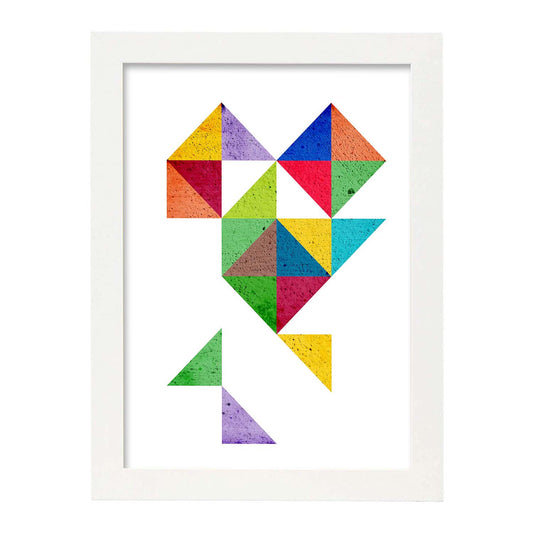Poster con dibújo de geometría colorida. Lámina Corazón 1, ilustrada con con formas y figuras llenas de color.-Artwork-Nacnic-A4-Marco Blanco-Nacnic Estudio SL