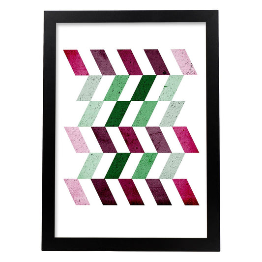 Poster con dibújo de geometría colorida. Lámina Lilas verdes, ilustrada con con formas y figuras llenas de color.-Artwork-Nacnic-A4-Marco Negro-Nacnic Estudio SL
