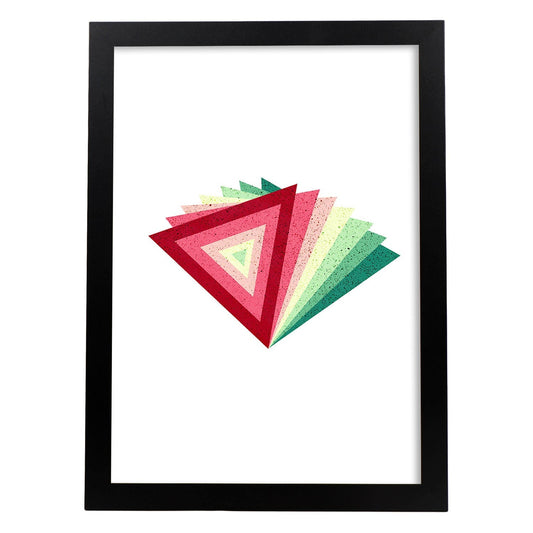 Poster con dibújo de geometría colorida. Lámina Pirámide rojo verde, ilustrada con con formas y figuras llenas de color.-Artwork-Nacnic-A4-Marco Negro-Nacnic Estudio SL