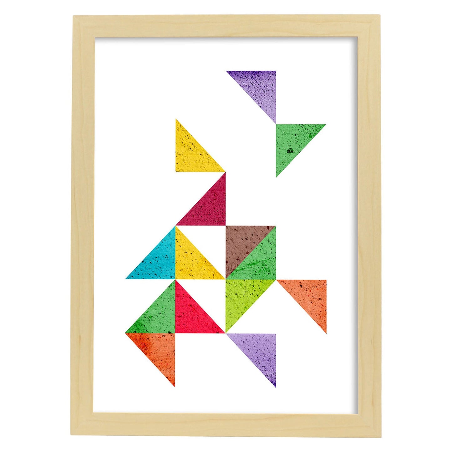 Poster con dibújo de geometría colorida. Lámina triangulos en tetris, ilustrada con con formas y figuras llenas de color.-Artwork-Nacnic-A3-Marco Madera clara-Nacnic Estudio SL