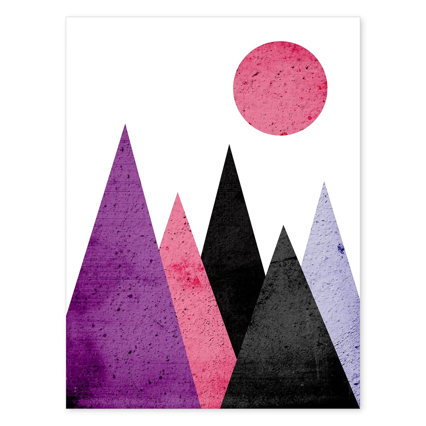 Poster con dibújo de montañas geométricas. Lámina Montañas moradas negras, ilustrada con con formas y figuras llenas de color.-Artwork-Nacnic-A4-Sin marco-Nacnic Estudio SL