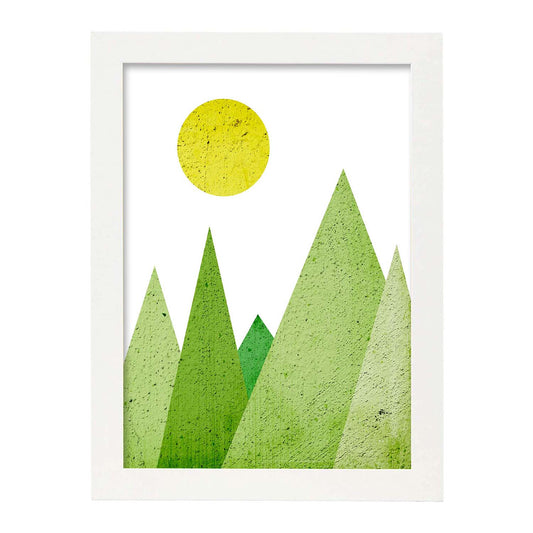 Poster con dibújo de montañas geométricas. Lámina Montañas verdes, ilustrada con con formas y figuras llenas de color.-Artwork-Nacnic-A4-Marco Blanco-Nacnic Estudio SL