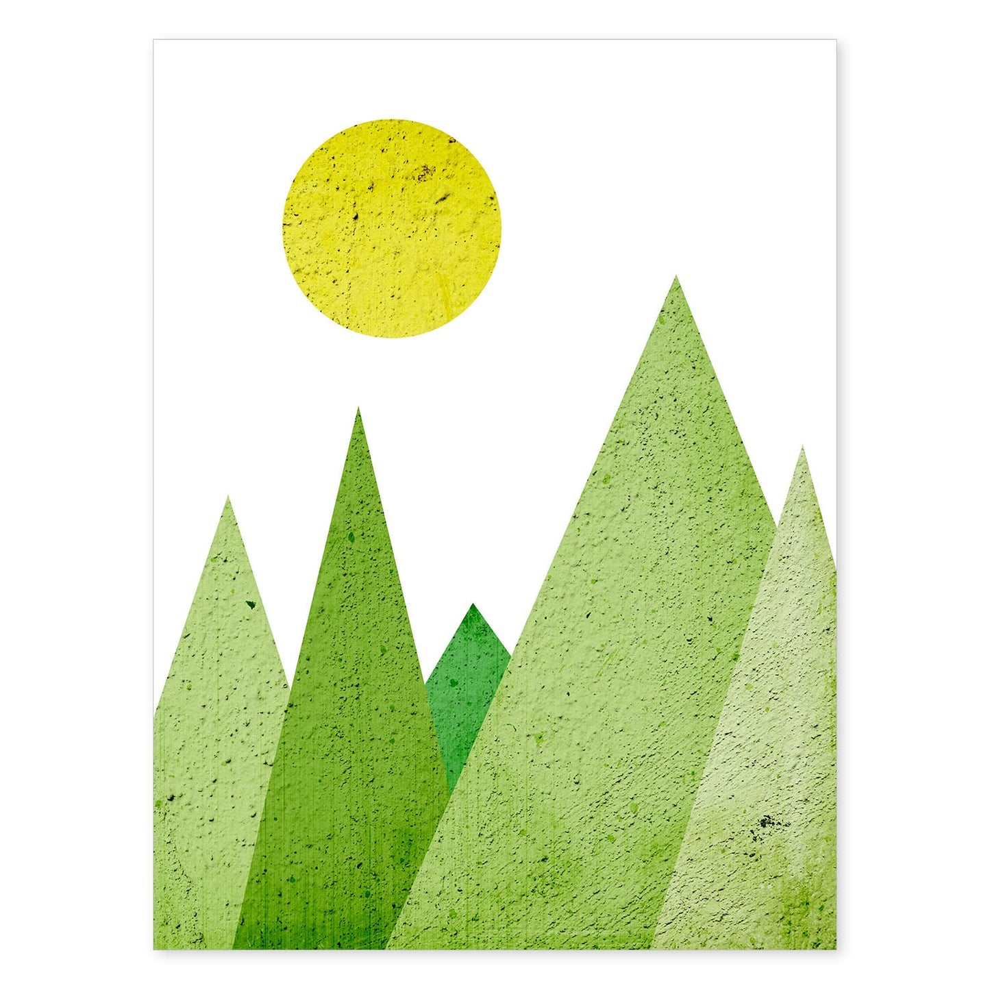 Poster con dibújo de montañas geométricas. Lámina Montañas verdes, ilustrada con con formas y figuras llenas de color.-Artwork-Nacnic-A4-Sin marco-Nacnic Estudio SL