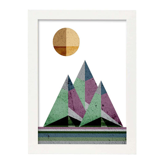 Poster con dibújo de montañas geométricas. Lámina Montañas y sol naciente 2, ilustrada con con formas y figuras llenas de color.-Artwork-Nacnic-A4-Marco Blanco-Nacnic Estudio SL