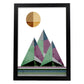 Poster con dibújo de montañas geométricas. Lámina Montañas y sol naciente 2, ilustrada con con formas y figuras llenas de color.-Artwork-Nacnic-A4-Marco Negro-Nacnic Estudio SL