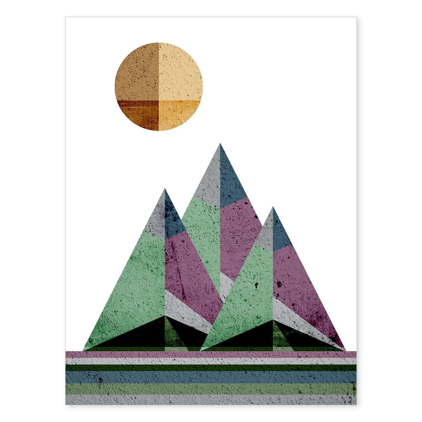 Poster con dibújo de montañas geométricas. Lámina Montañas y sol naciente 2, ilustrada con con formas y figuras llenas de color.-Artwork-Nacnic-A4-Sin marco-Nacnic Estudio SL