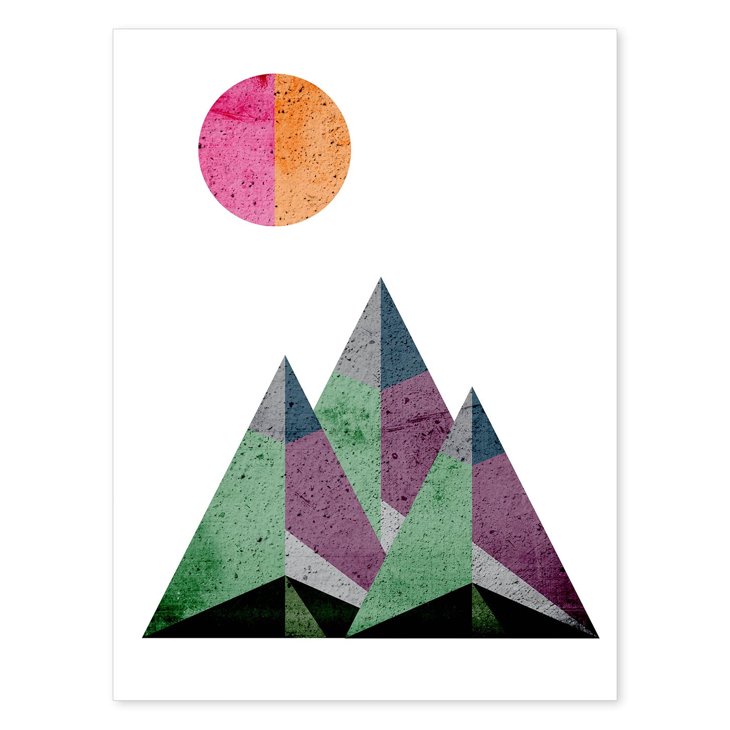Poster con dibújo de montañas geométricas. Lámina Montañas y sol naciente, ilustrada con con formas y figuras llenas de color.-Artwork-Nacnic-A4-Sin marco-Nacnic Estudio SL