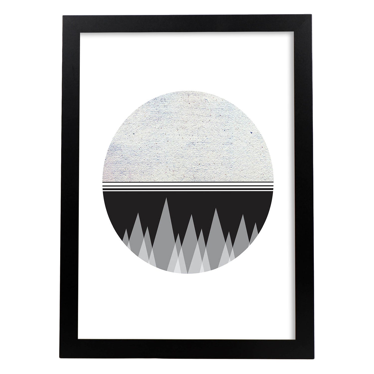 Poster con dibújo nórdico de círculos. Lámina Luna y montaña 2, ilustrada con con círculos y formas-Artwork-Nacnic-A3-Marco Negro-Nacnic Estudio SL
