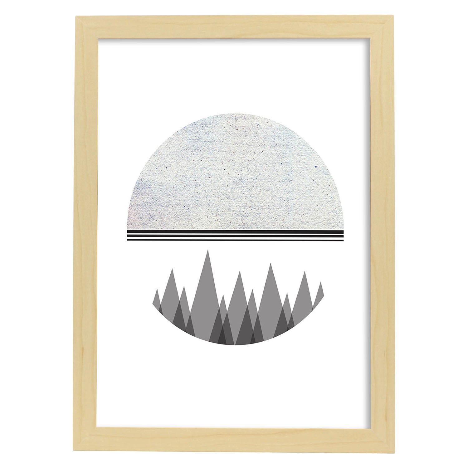 Poster con dibújo nórdico de círculos. Lámina Luna y montaña, ilustrada con con círculos y formas-Artwork-Nacnic-A3-Marco Madera clara-Nacnic Estudio SL