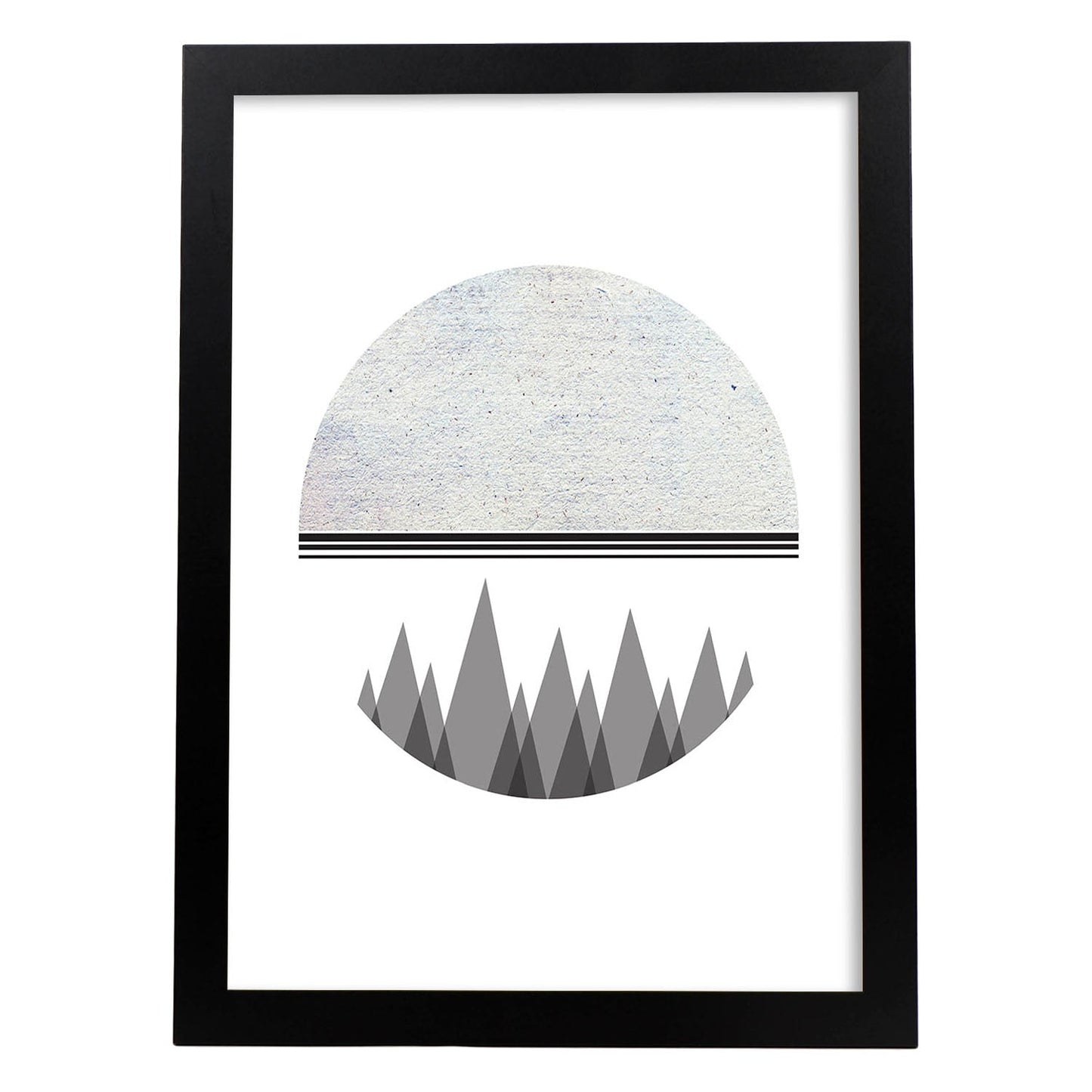 Poster con dibújo nórdico de círculos. Lámina Luna y montaña, ilustrada con con círculos y formas-Artwork-Nacnic-A3-Marco Negro-Nacnic Estudio SL
