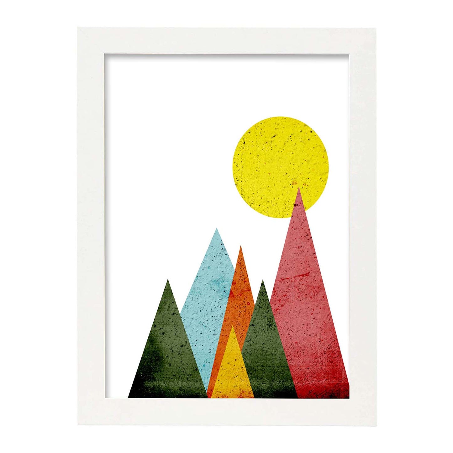 Poster con dibújo nórdico de círculos. Lámina Montañas al sol, ilustrada con con círculos y formas-Artwork-Nacnic-A3-Marco Blanco-Nacnic Estudio SL