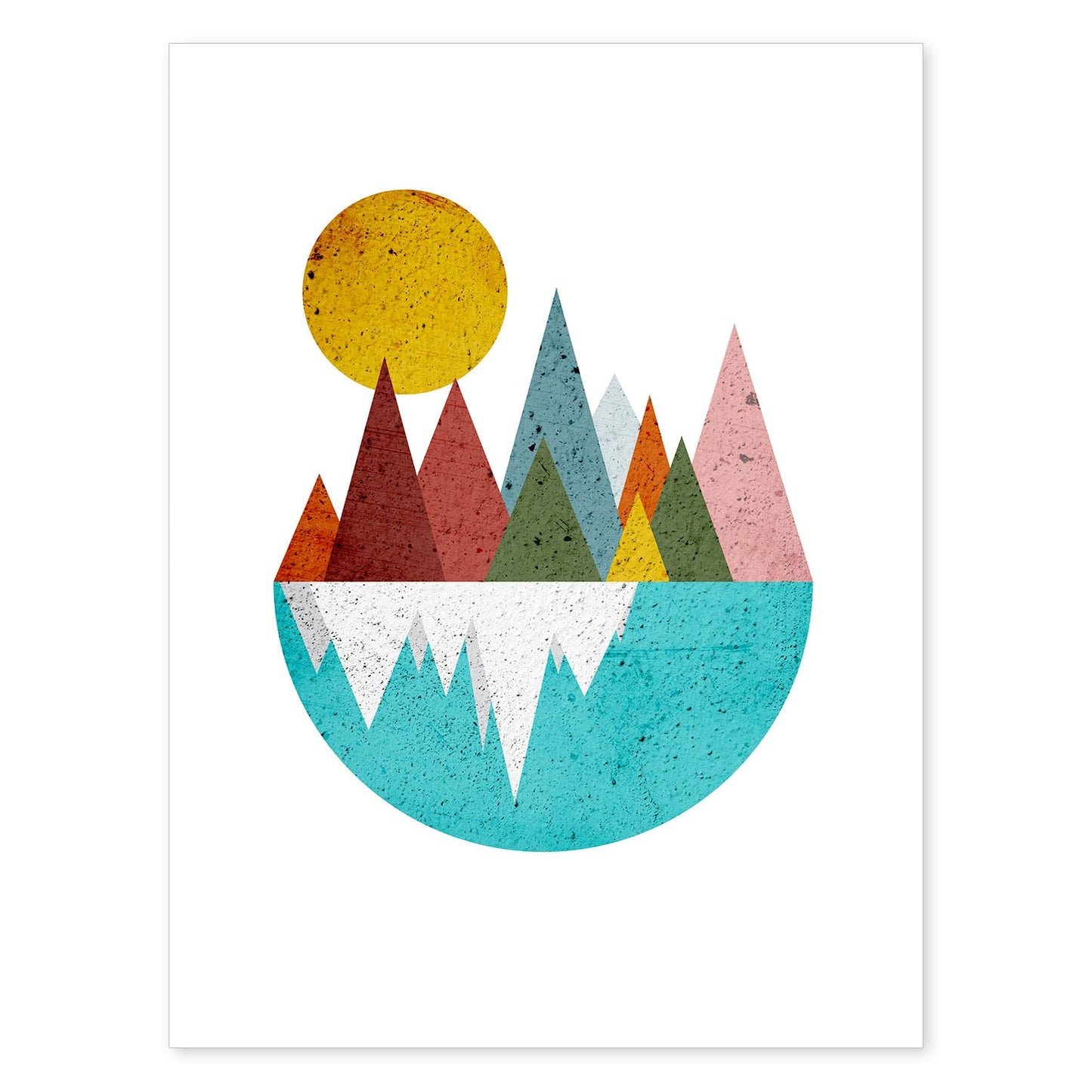 Poster con dibújo nórdico de círculos. Lámina Montañas en el lago dia, ilustrada con con círculos y formas-Artwork-Nacnic-A4-Sin marco-Nacnic Estudio SL