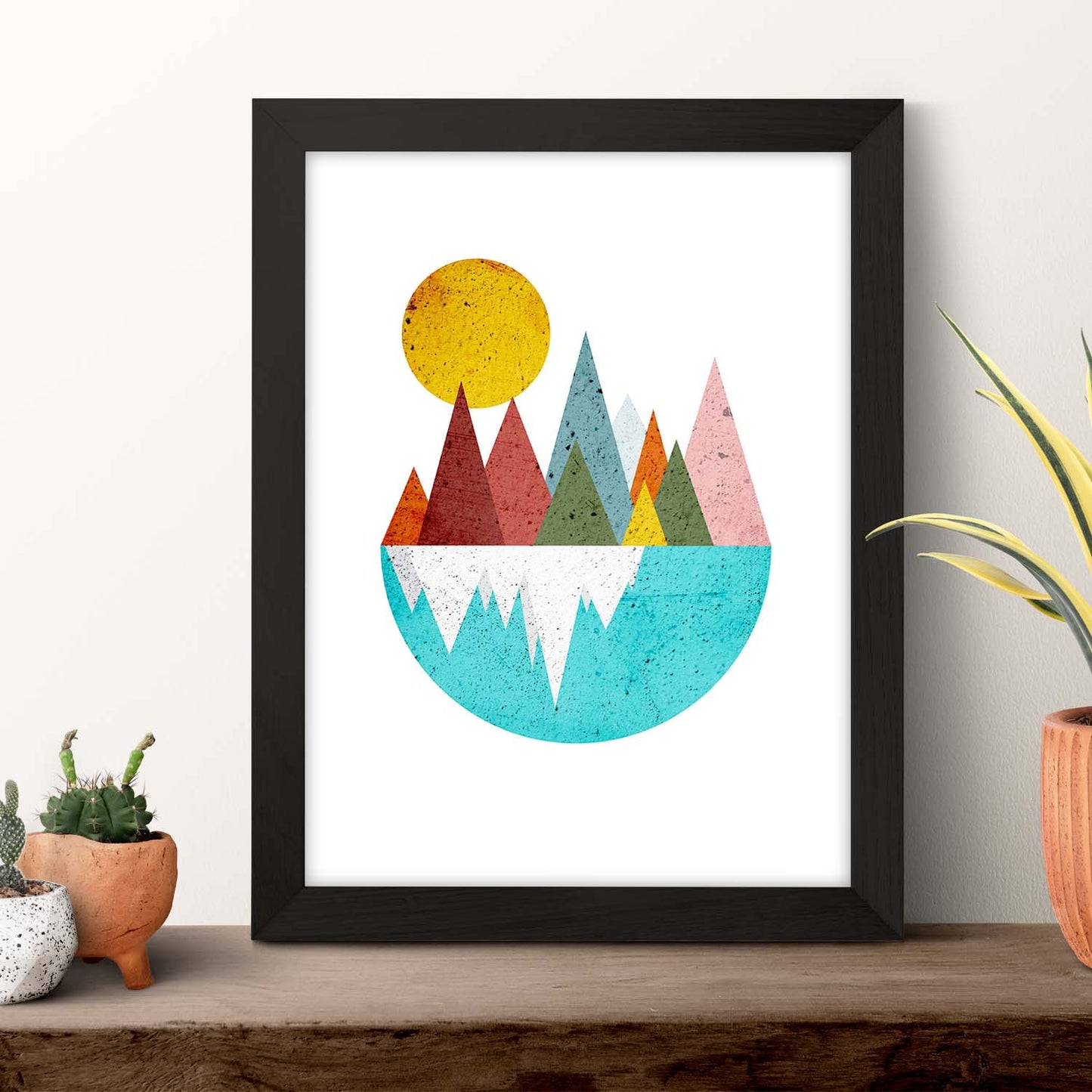 Poster con dibújo nórdico de círculos. Lámina Montañas en el lago dia, ilustrada con con círculos y formas-Artwork-Nacnic-Nacnic Estudio SL