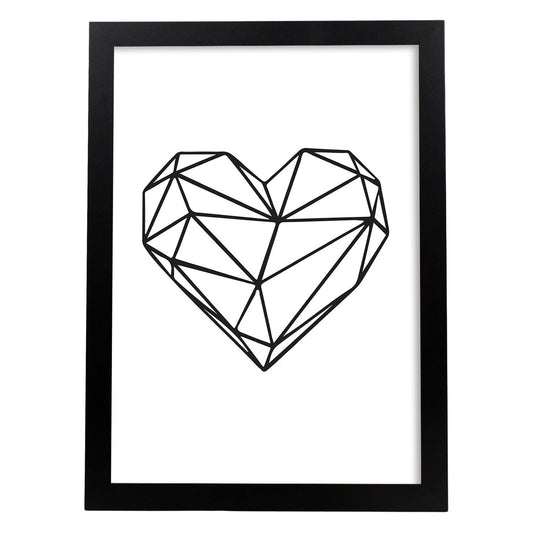 Poster con dibújo nórdico de líneas. Lámina Corazón, ilustrada con con líneas y formas-Artwork-Nacnic-A4-Marco Negro-Nacnic Estudio SL