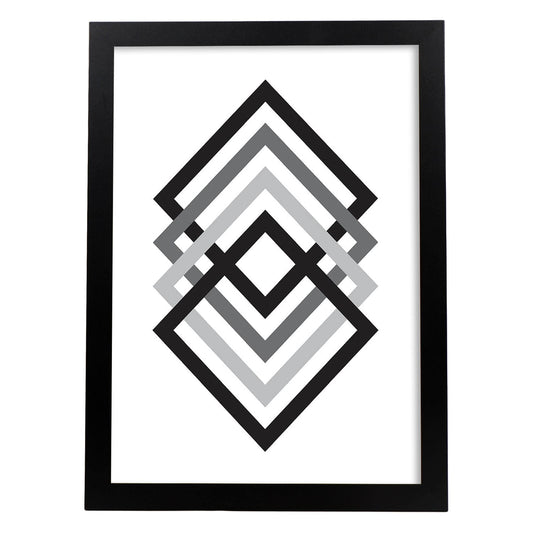 Poster con dibújo nórdico de líneas. Lámina Cubos degradados, ilustrada con con líneas y formas-Artwork-Nacnic-A4-Marco Negro-Nacnic Estudio SL