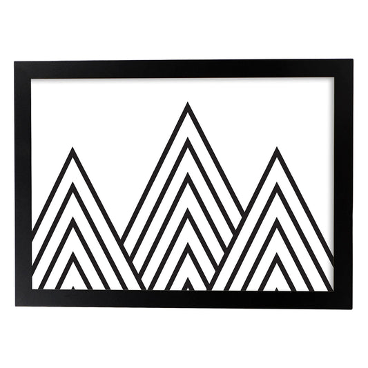 Poster con dibújo nórdico de líneas. Lámina Tres montañas, ilustrada con con líneas y formas-Artwork-Nacnic-A4-Marco Negro-Nacnic Estudio SL
