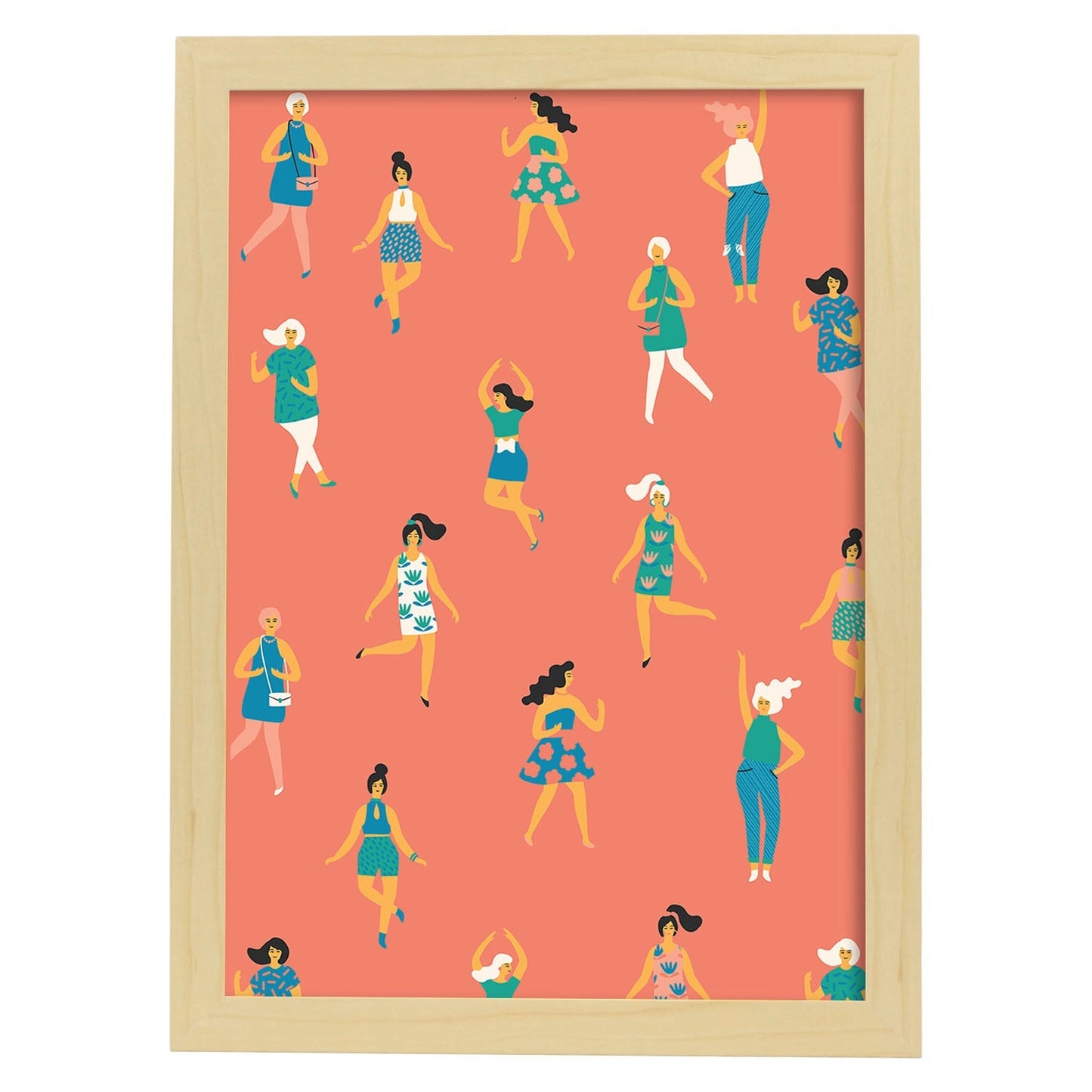 Poster con Diseño Estampado de Mujeres. Lámina Multicolor con Patrones Veraniegos para-Artwork-Nacnic-A3-Marco Madera clara-Nacnic Estudio SL