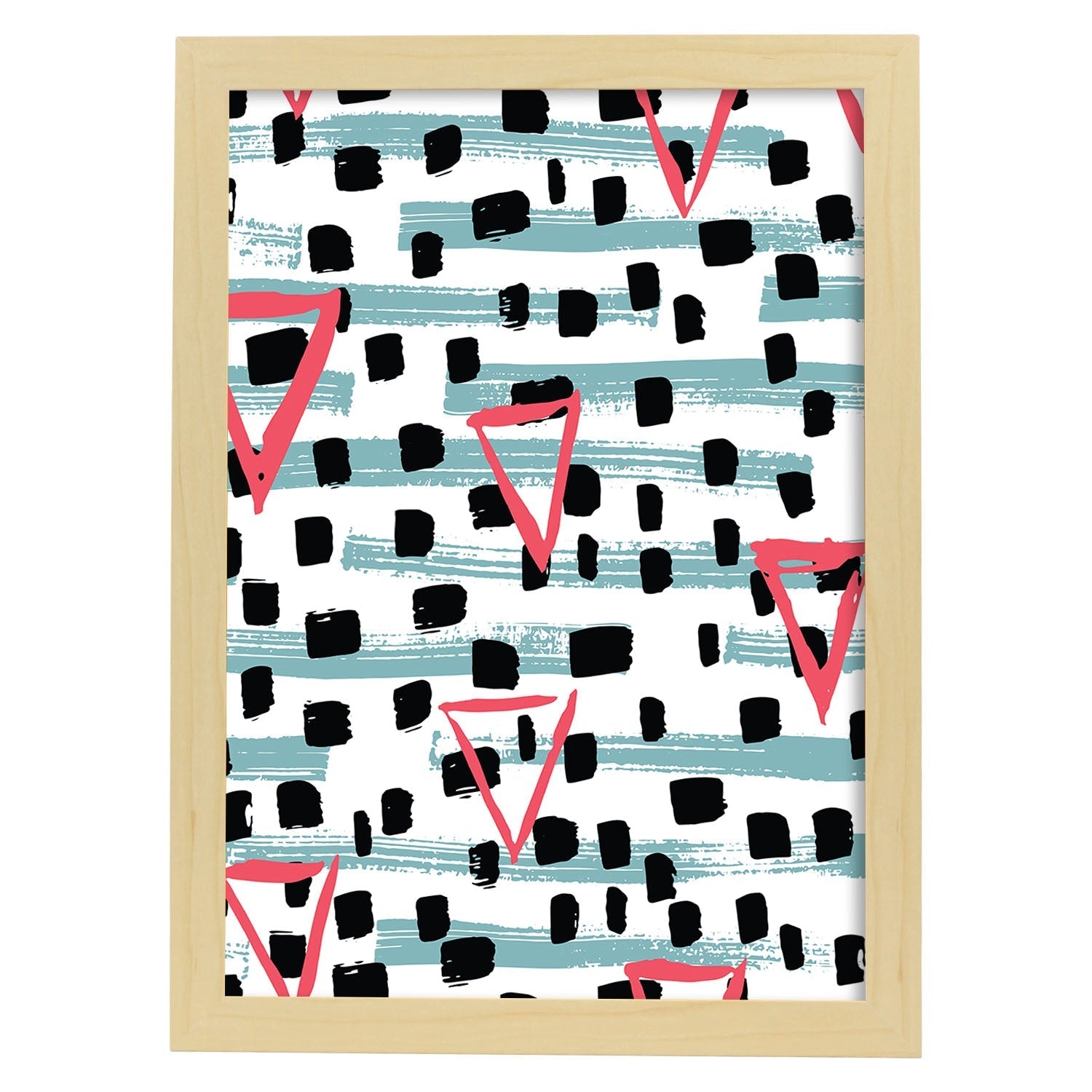 Poster con diseño estampado. Lámina Estampado negro rosa triangulos, imágenes con patrones estampados.-Artwork-Nacnic-A4-Marco Madera clara-Nacnic Estudio SL