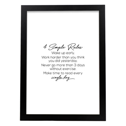 Poster con frase inspiracional. Lámina de decoración '4 reglas' con frases motivadoras y llenas de energia.-Artwork-Nacnic-A4-Marco Negro-Nacnic Estudio SL