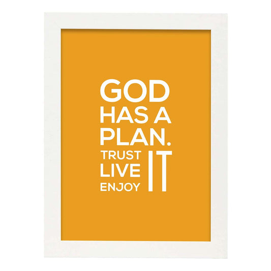 Poster con frase inspiracional. Lámina de decoración 'Dios tiene un plan' con frases motivadoras y llenas de energia.-Artwork-Nacnic-A4-Marco Blanco-Nacnic Estudio SL
