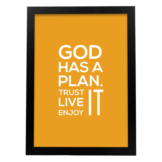 Poster con frase inspiracional. Lámina de decoración 'Dios tiene un plan' con frases motivadoras y llenas de energia.-Artwork-Nacnic-A4-Marco Negro-Nacnic Estudio SL