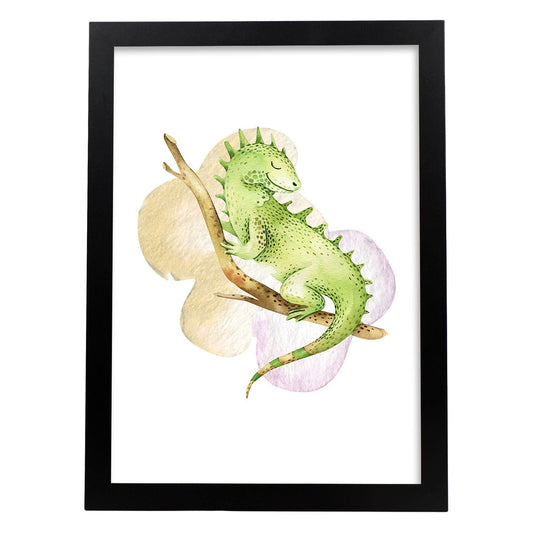 Poster con ilustración de Animal. camaleon Feliz.-Artwork-Nacnic-A4-Marco Negro-Nacnic Estudio SL