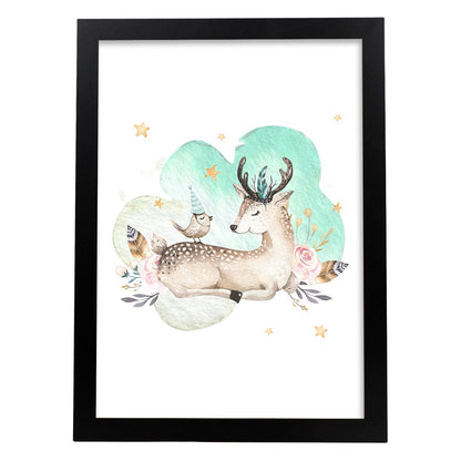Poster con ilustración de Animal. Cervatillo y Pajaro.-Artwork-Nacnic-A4-Marco Negro-Nacnic Estudio SL