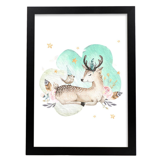 Poster con ilustración de Animal. Cervatillo y Pajaro.-Artwork-Nacnic-A4-Marco Negro-Nacnic Estudio SL