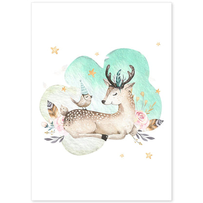 Poster con ilustración de Animal. Cervatillo y Pajaro.-Artwork-Nacnic-A4-Sin marco-Nacnic Estudio SL