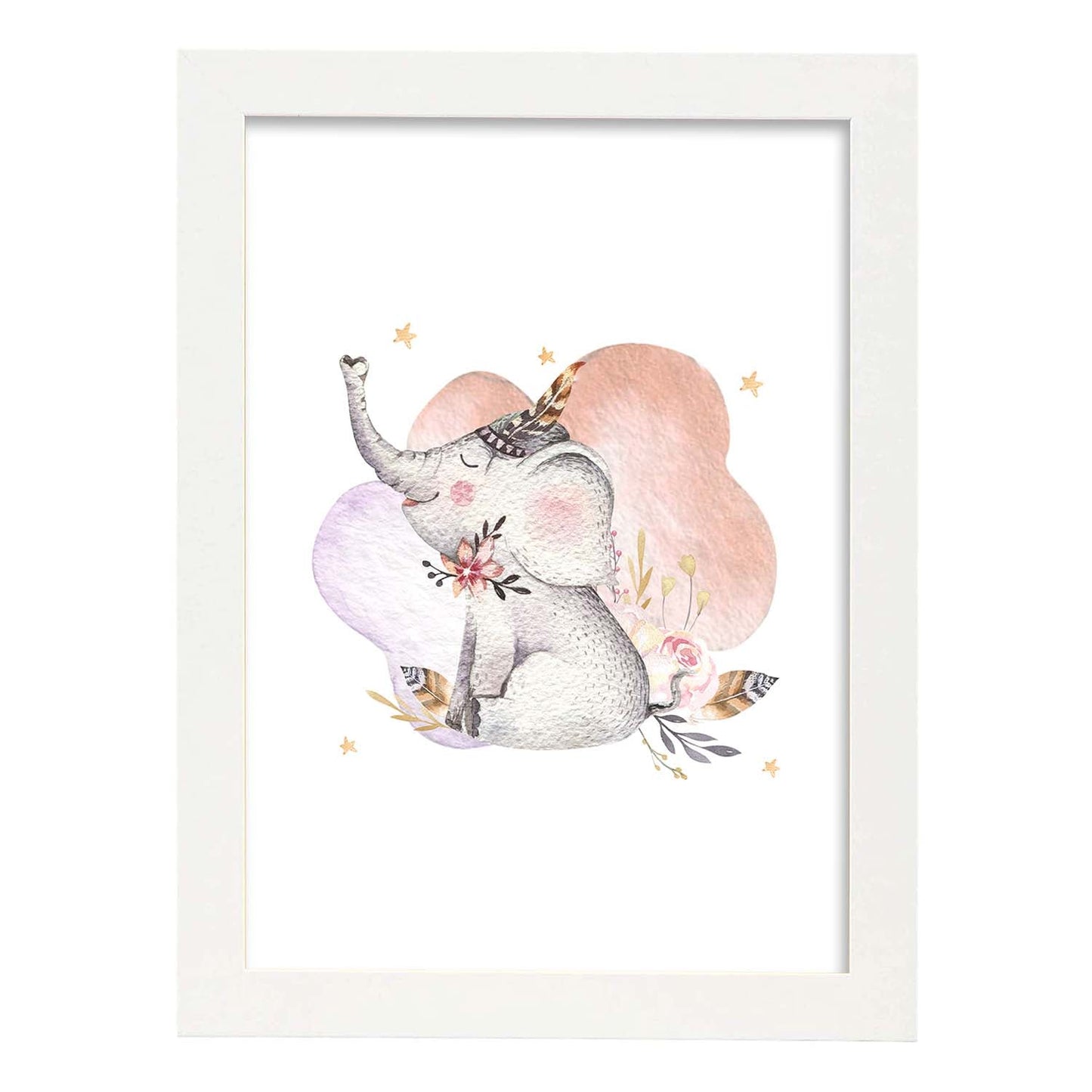 Poster con ilustración de Animal. Elefante con Hojas.-Artwork-Nacnic-A3-Marco Blanco-Nacnic Estudio SL
