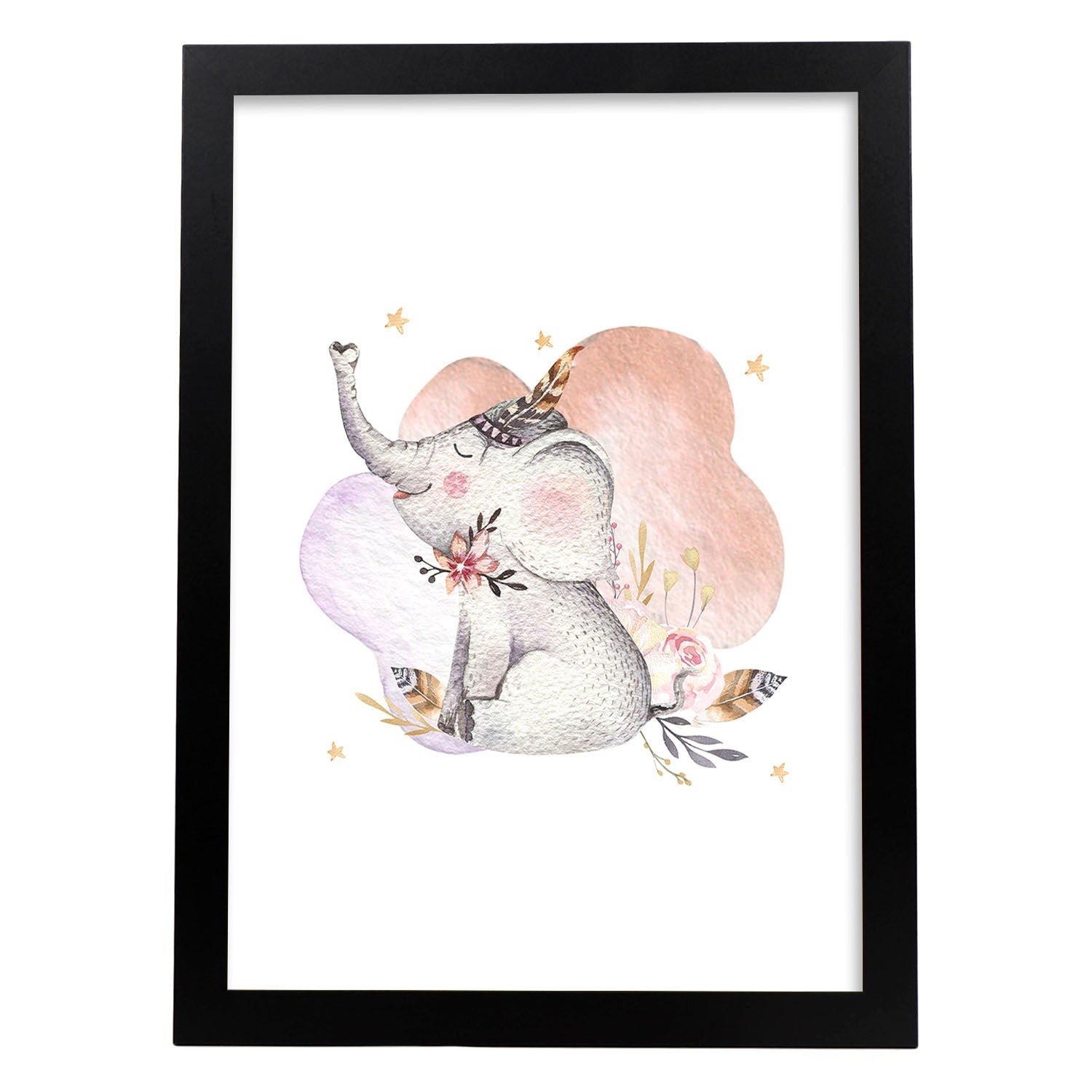 Poster con ilustración de Animal. Elefante con Hojas.-Artwork-Nacnic-A3-Marco Negro-Nacnic Estudio SL