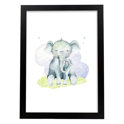 Poster con ilustración de Animal. Elefante Dormido.-Artwork-Nacnic-A4-Marco Negro-Nacnic Estudio SL