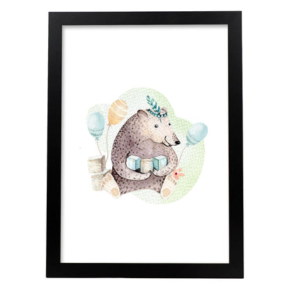 Poster con ilustración de Animal. Oso de cumpleaños.-Artwork-Nacnic-A4-Marco Negro-Nacnic Estudio SL