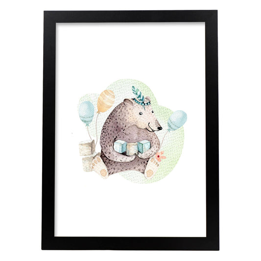 Poster con ilustración de Animal. Oso de cumpleaños.-Artwork-Nacnic-A4-Marco Negro-Nacnic Estudio SL