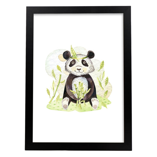 Poster con ilustración de Animal. Oso Panda Feliz.-Artwork-Nacnic-A4-Marco Negro-Nacnic Estudio SL