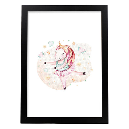 Poster con ilustración de Animal. Unicornio Bailando.-Artwork-Nacnic-A4-Marco Negro-Nacnic Estudio SL