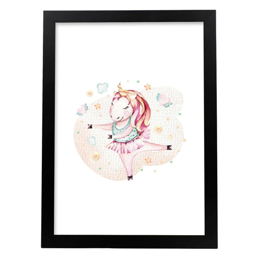 Poster con ilustración de Animal. Unicornio Bailando.-Artwork-Nacnic-A4-Marco Negro-Nacnic Estudio SL