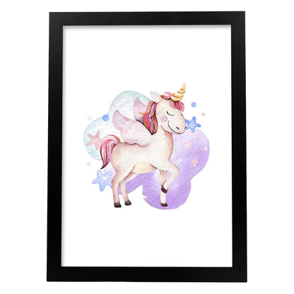 Poster con ilustración de Animal. Unicornio con Estrellas.-Artwork-Nacnic-A4-Marco Negro-Nacnic Estudio SL